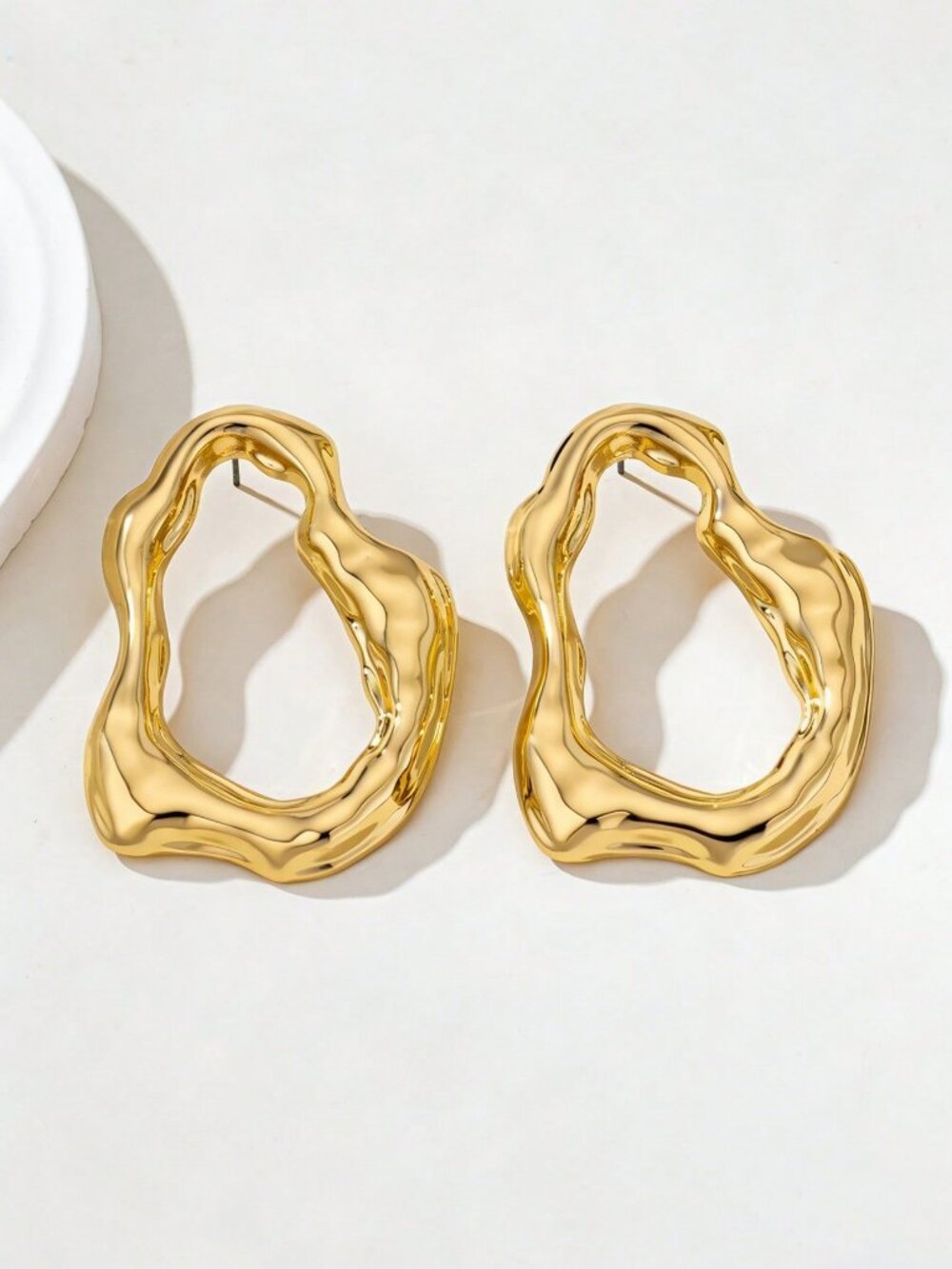 Gold Women's Asymmetrical Hollow Metal Earrings - Picture 2 of 6